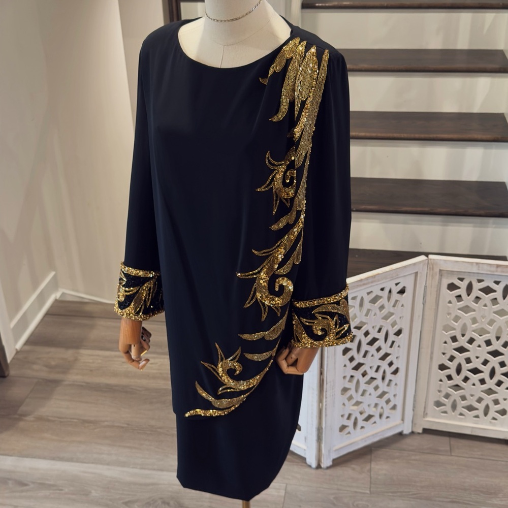 Vintage Bob Mackie Evening Black Dress with Gold Beaded Appliqué | Size 12 - Picture 7 of 11